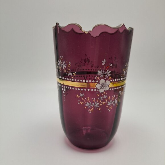 Hand-Painted Amethyst Enamel Floral Vase With Scalloped Rim - Picture 6 of 16